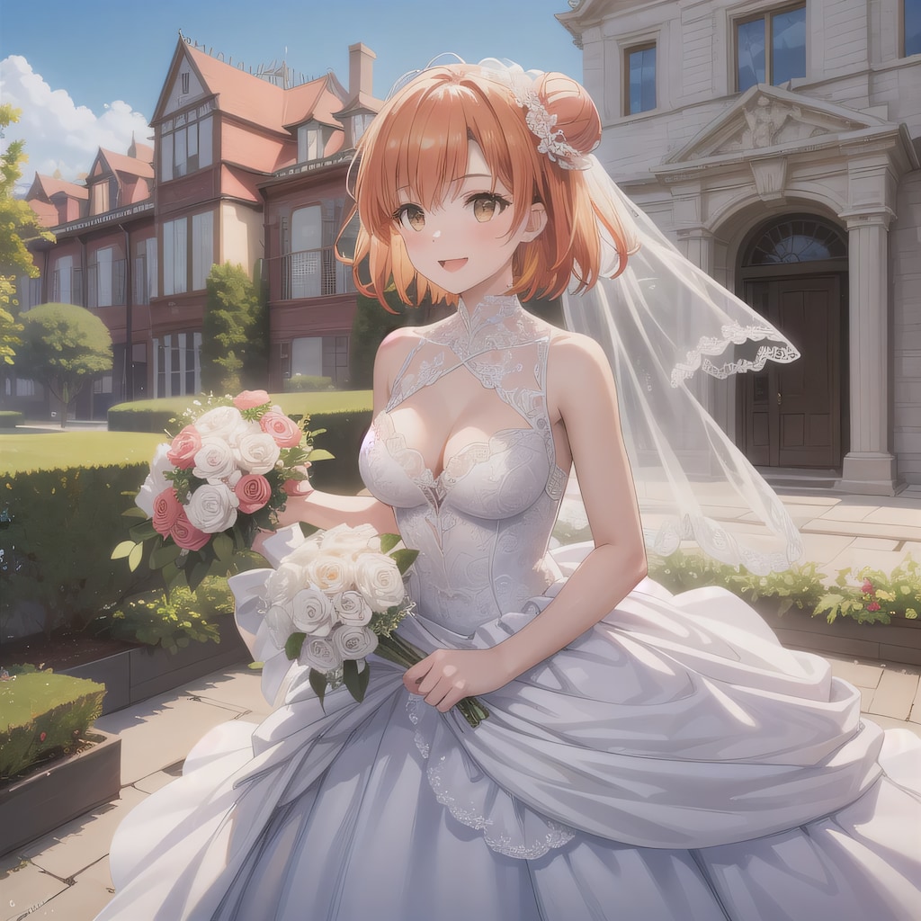 茶髪シニヨンでウェディングドレスの少女