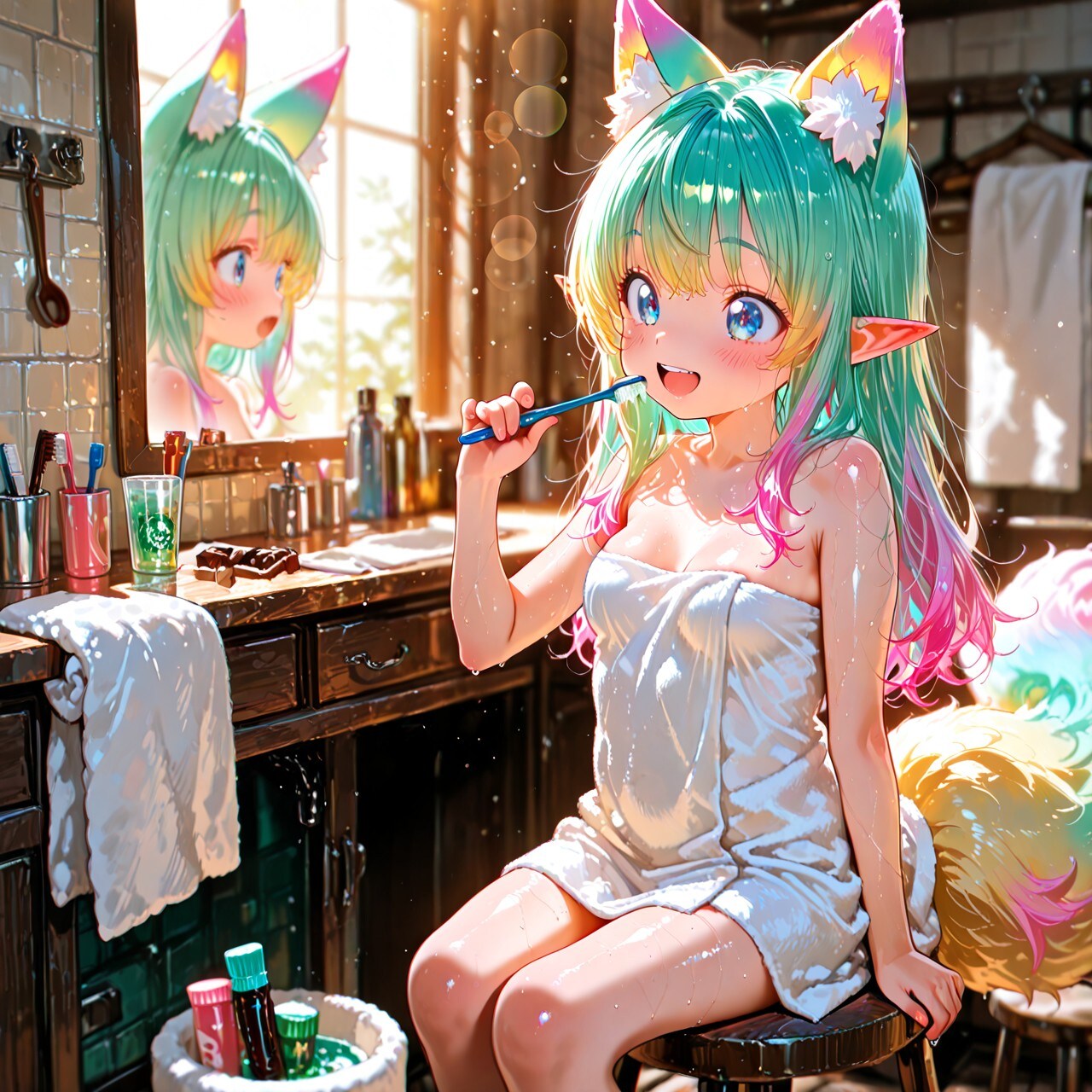 9枚）歯磨きをするケモ耳エルフさん