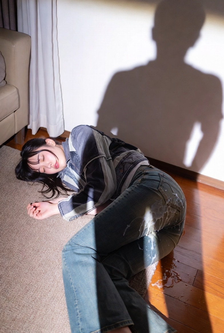 家に遊びに来た女友達が疲れて床で寝ちゃったので寝起きにドッキリでジーンズにぶっかけしたった！(フォト版)