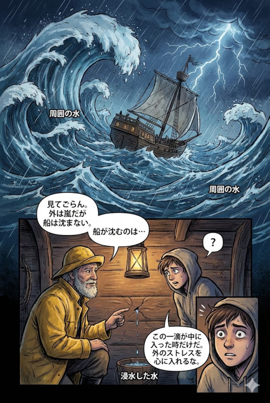 船は周囲の水によって沈むのではなく、浸水した水によって沈む