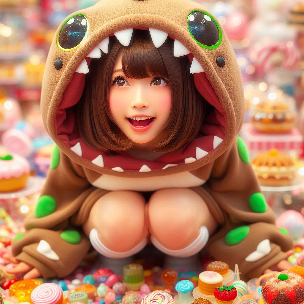 お菓子に囲まれたウチノコちゃん