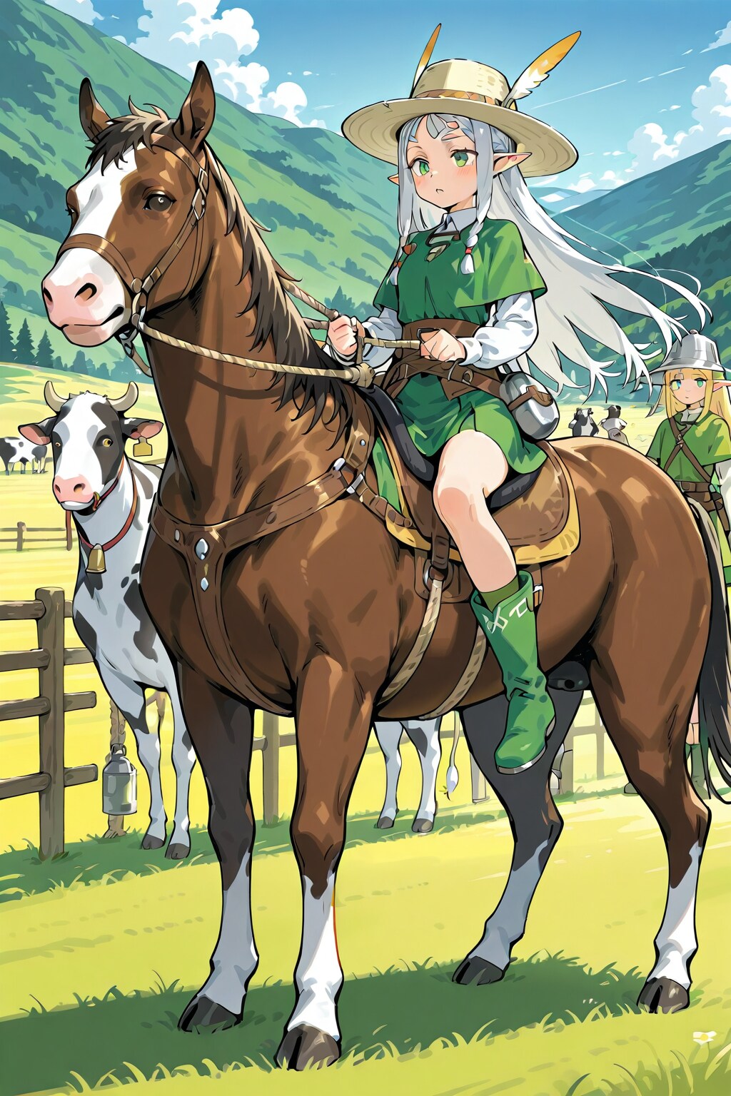 牧場を馬に乗って散策している銀髪エルフの女の子