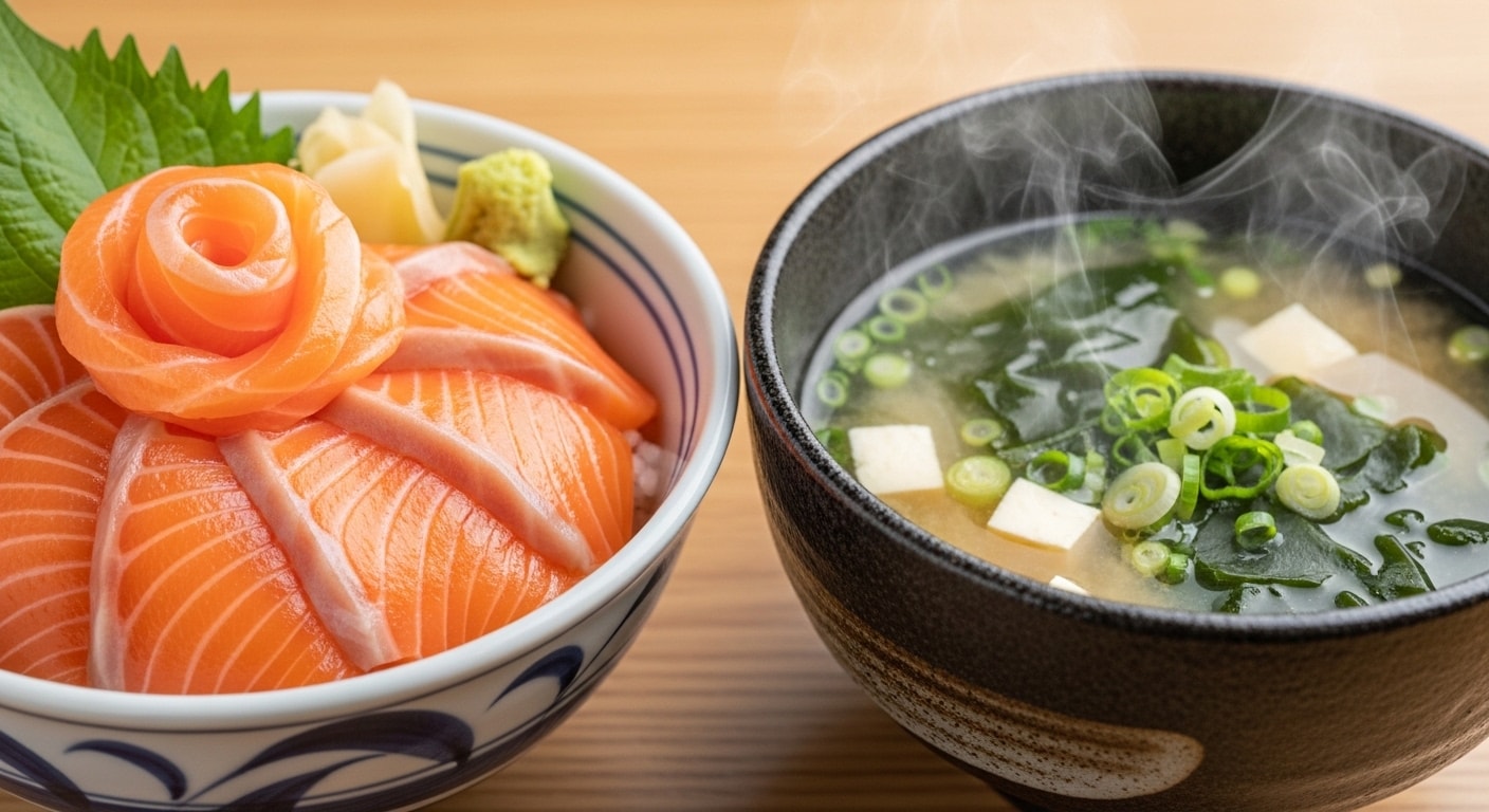 摩訶不思議食堂のサーモン丼と味噌汁のセット | の人気AIイラスト・グラビア