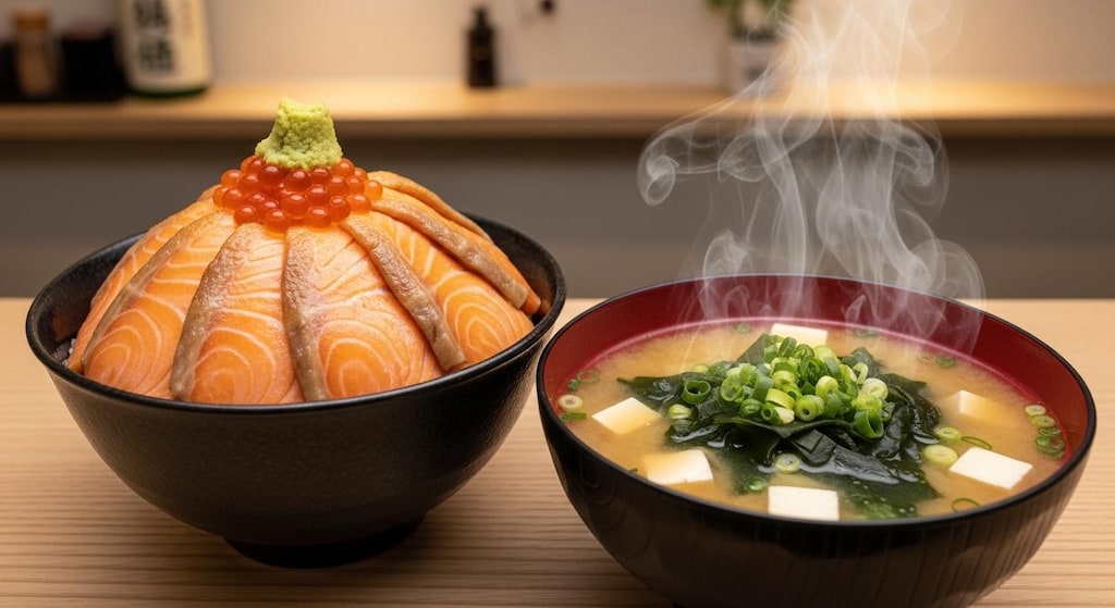 摩訶不思議食堂のサーモン丼と味噌汁のセット