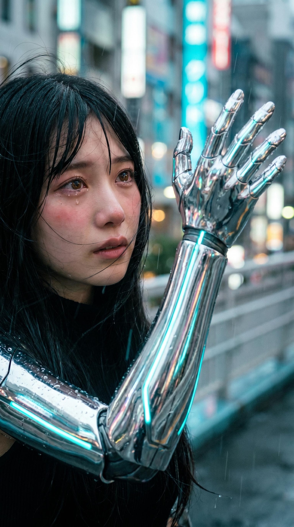 Chrome Hand in Neon Rain