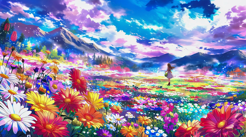 花が咲く野原を歩く少女