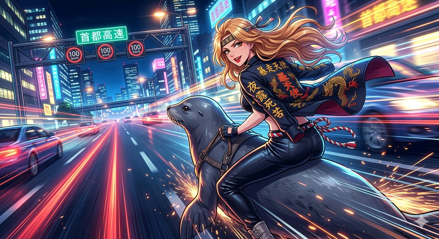 特攻服を着たゆるふわお姉さんとアザラシ | の人気AIイラスト・グラビア