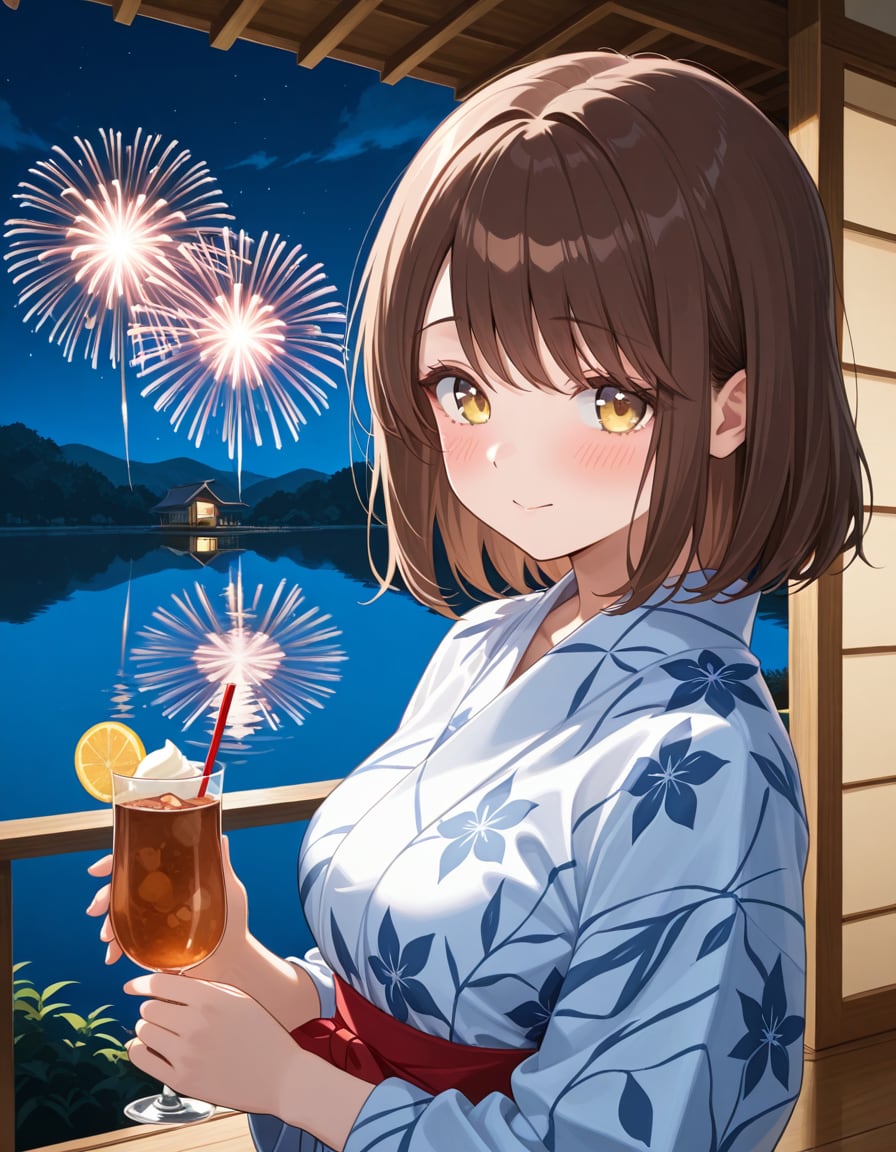 浴衣の心実と花火