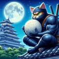 アクリル風 月夜の城で忍者猫が巨大おにぎりを食べる 2枚目