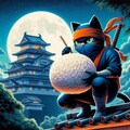 アクリル風 月夜の城で忍者猫が巨大おにぎりを食べる 3枚目