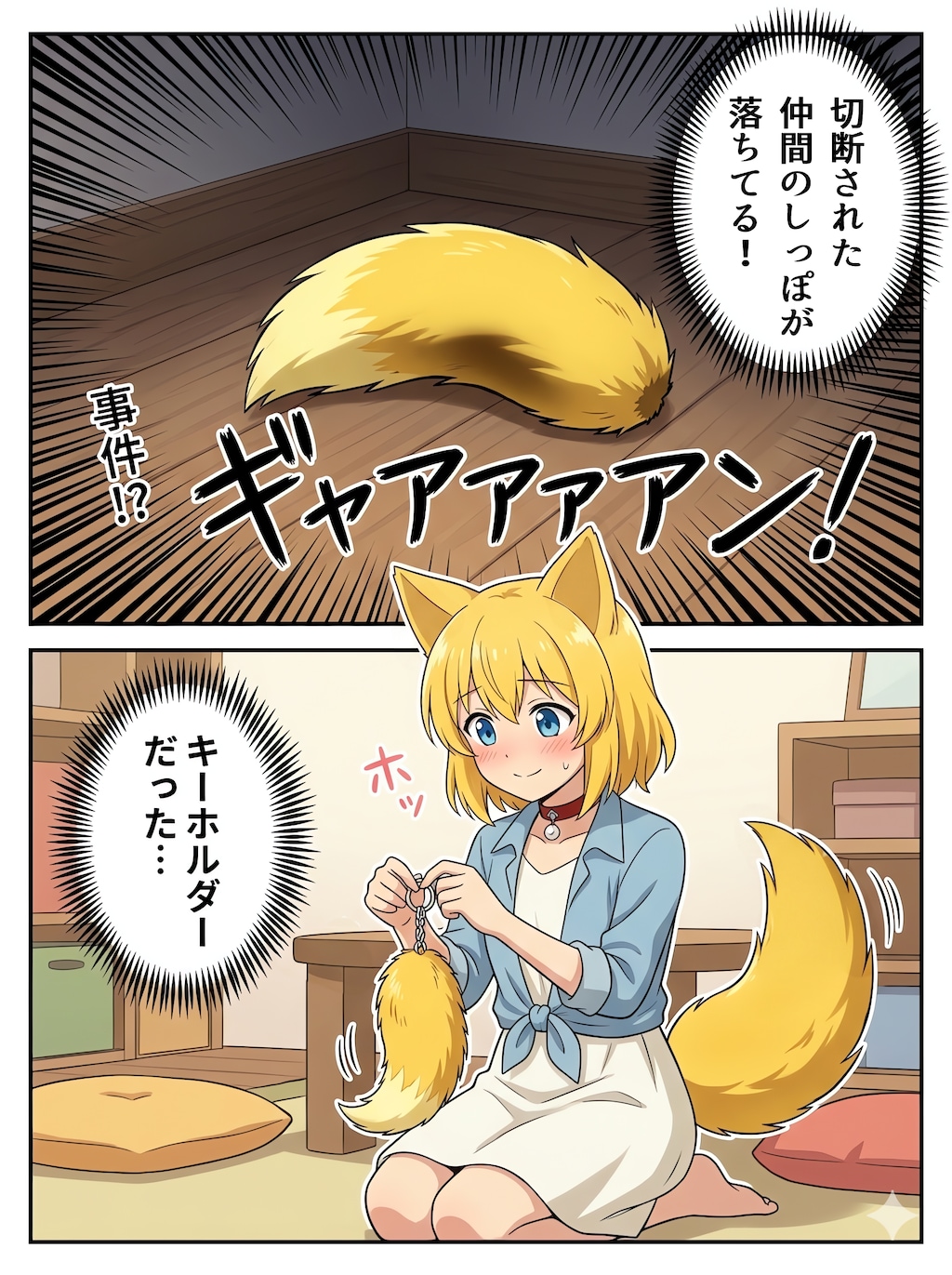 部屋のすみっこに落ちているものに衝撃を受けるキツネ