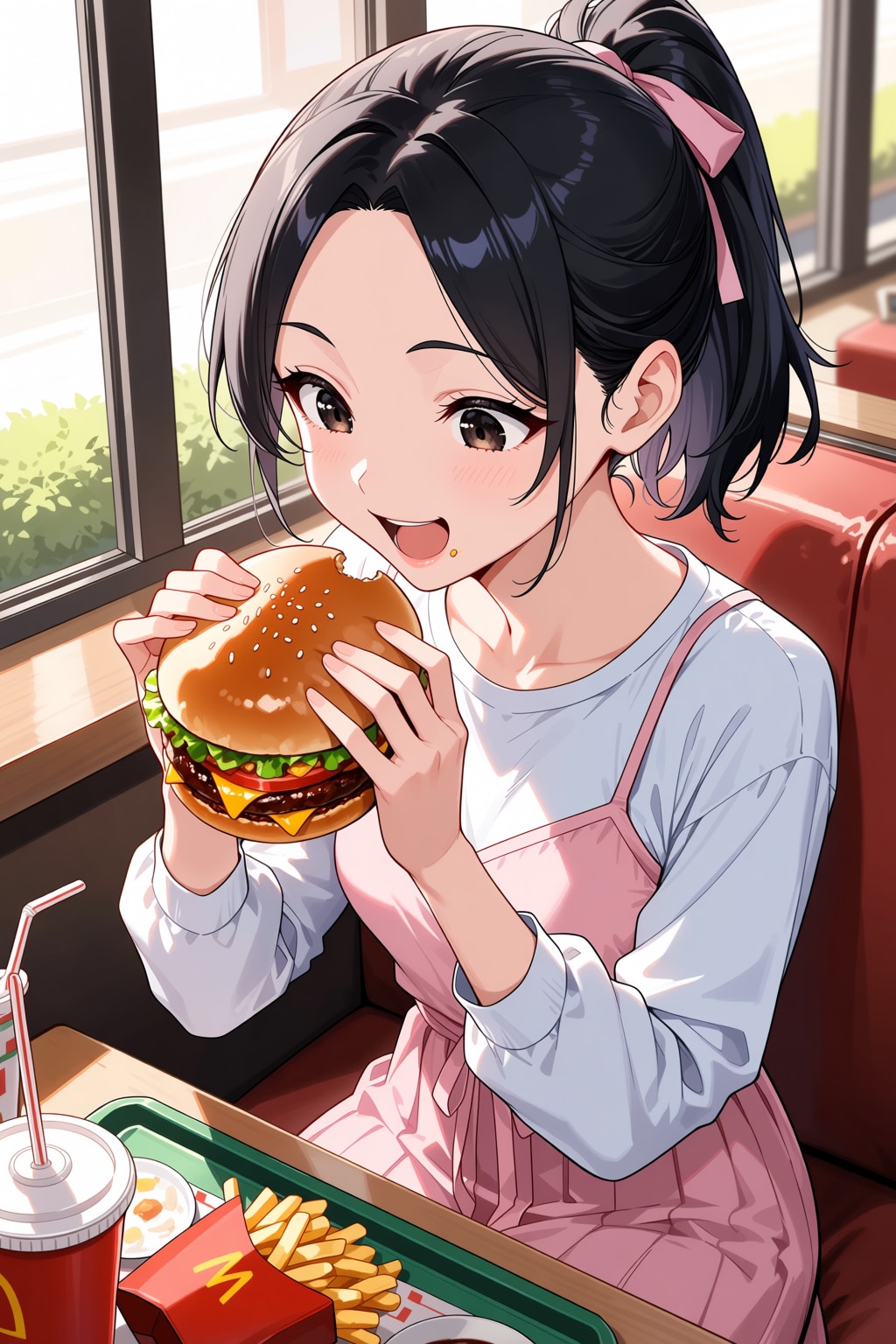 ハンバーガーを食べる桃花
