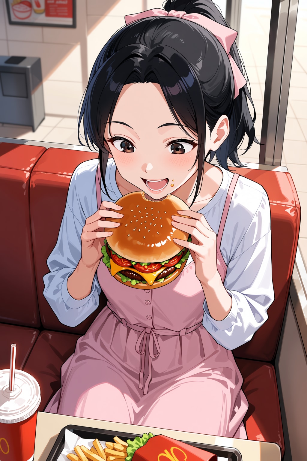 ハンバーガーを食べる桃花