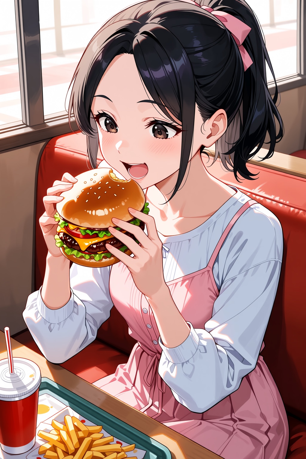 ハンバーガーを食べる桃花