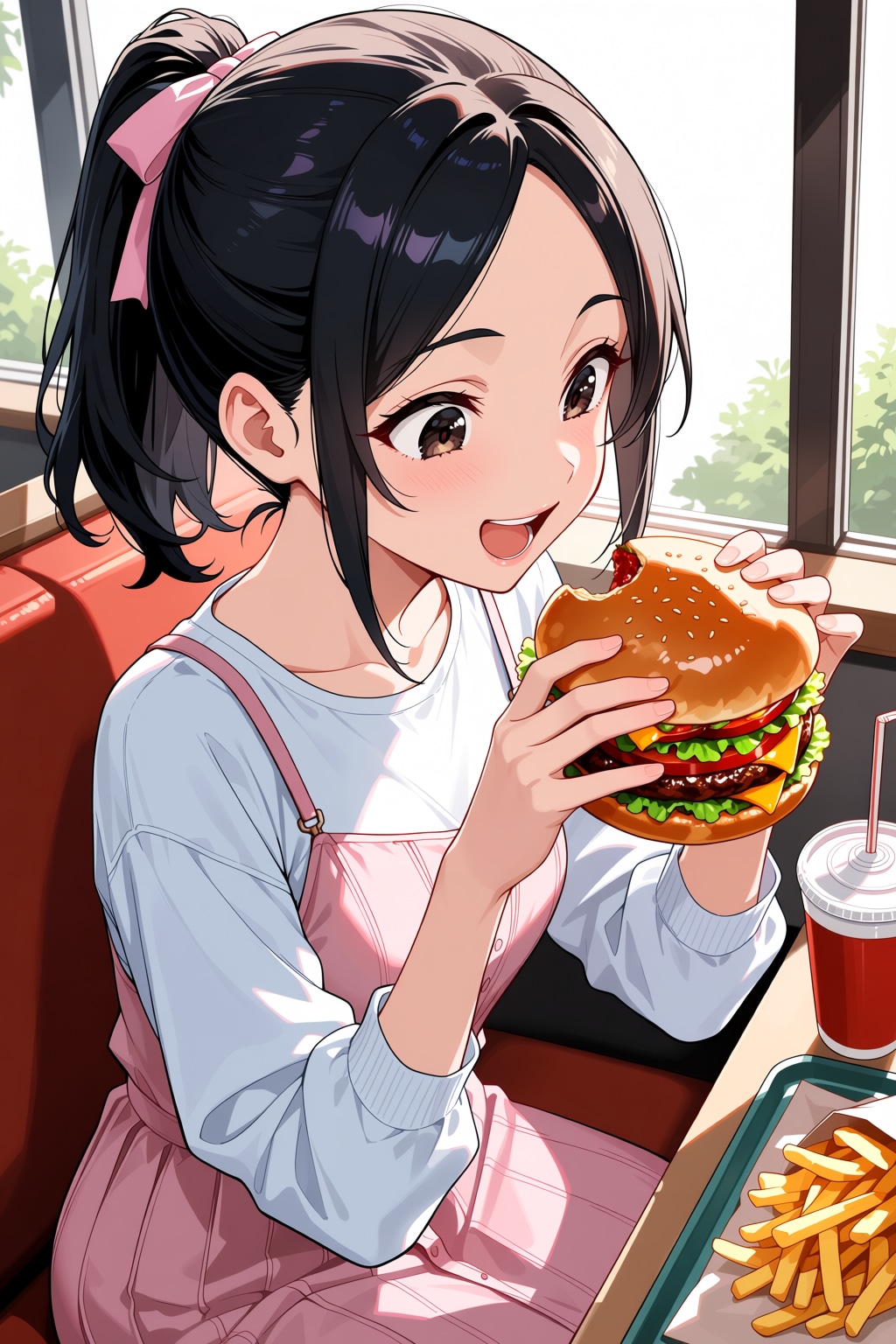 ハンバーガーを食べる桃花