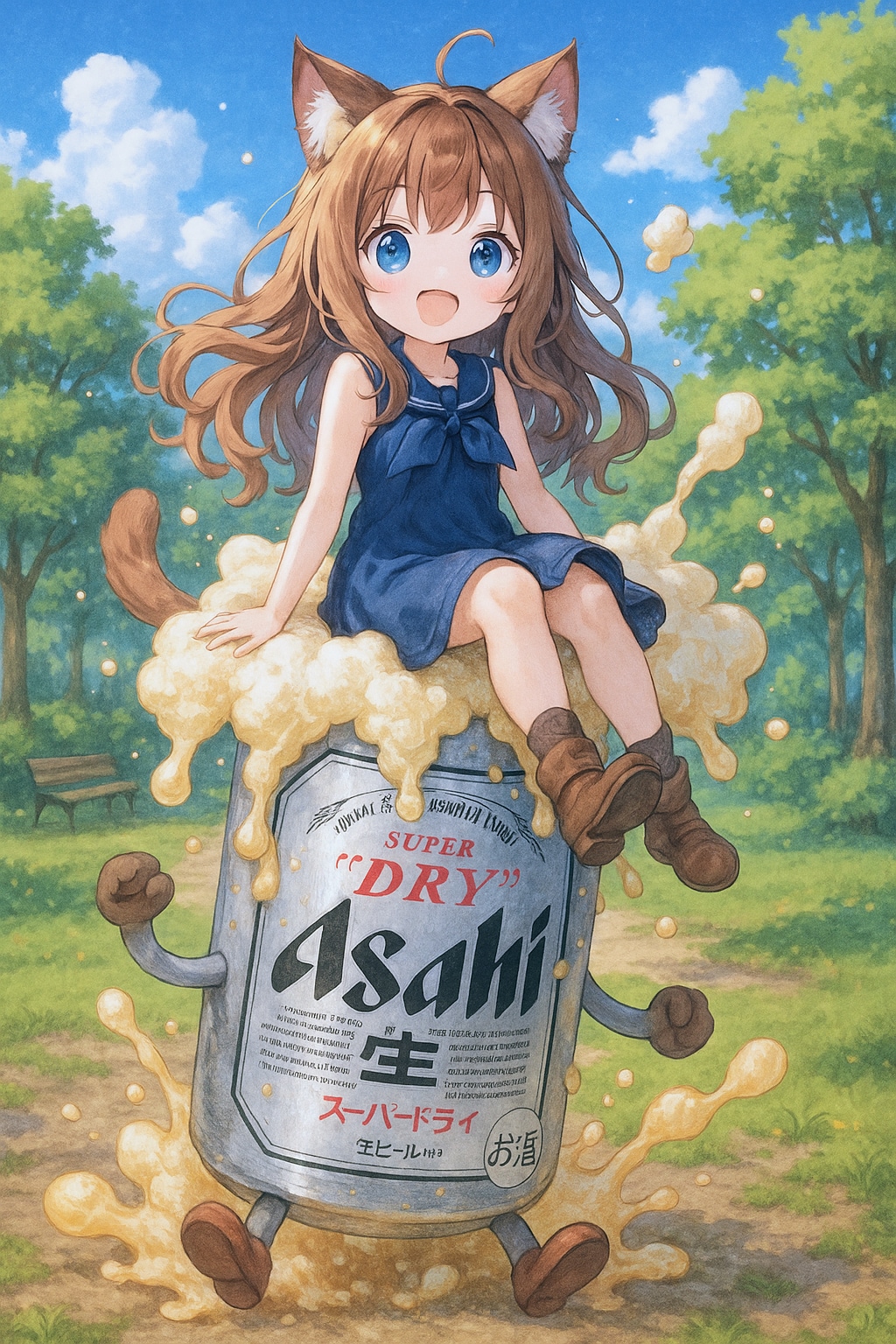ビールで高く浮かぶ小さな女の子