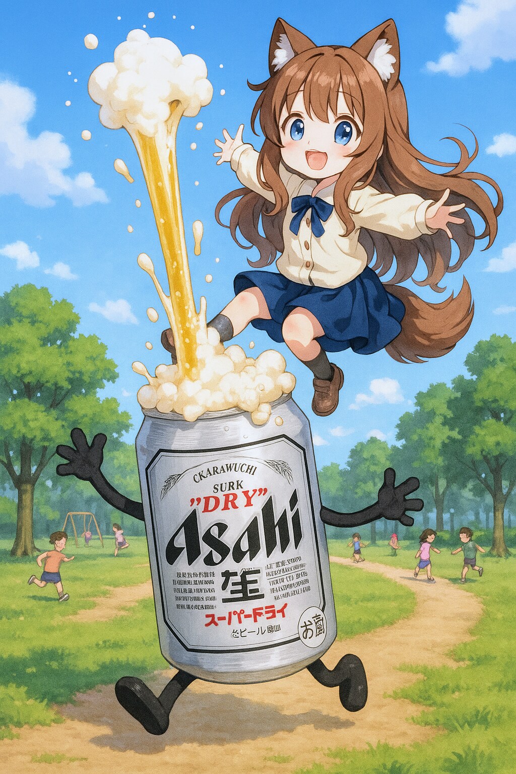 ビールで高く浮かぶ小さな女の子