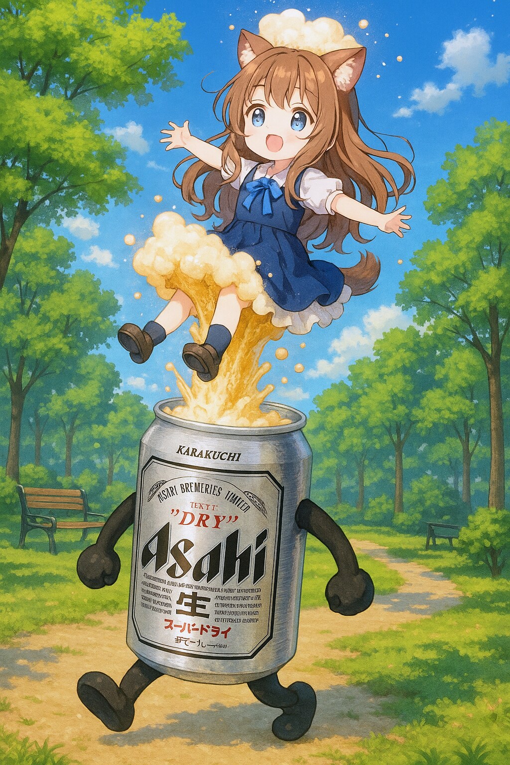 ビールで高く浮かぶ小さな女の子