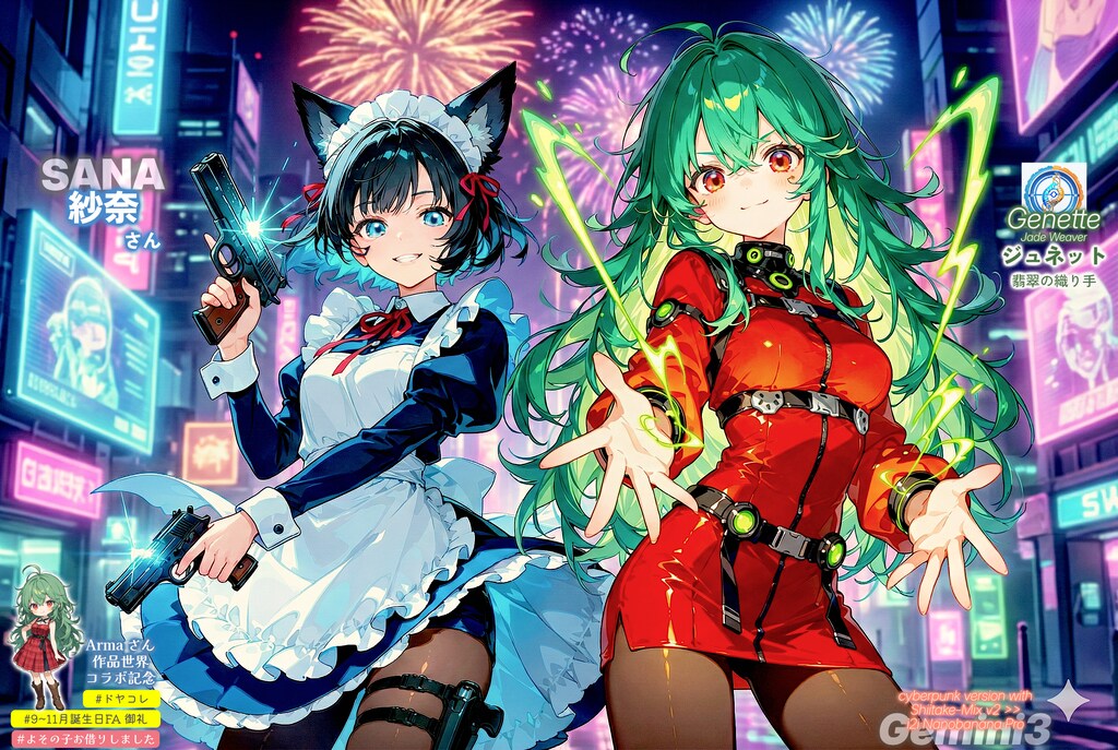 【誕生日FA御礼】サイバーパンク二挺拳銃紗奈ちゃんとジュネット (for Armaさん)