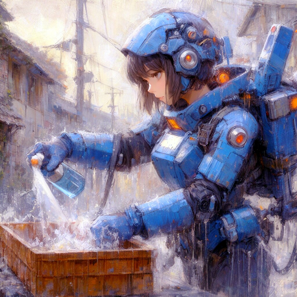 しつこい油汚れを落とすパワードスーツ女子