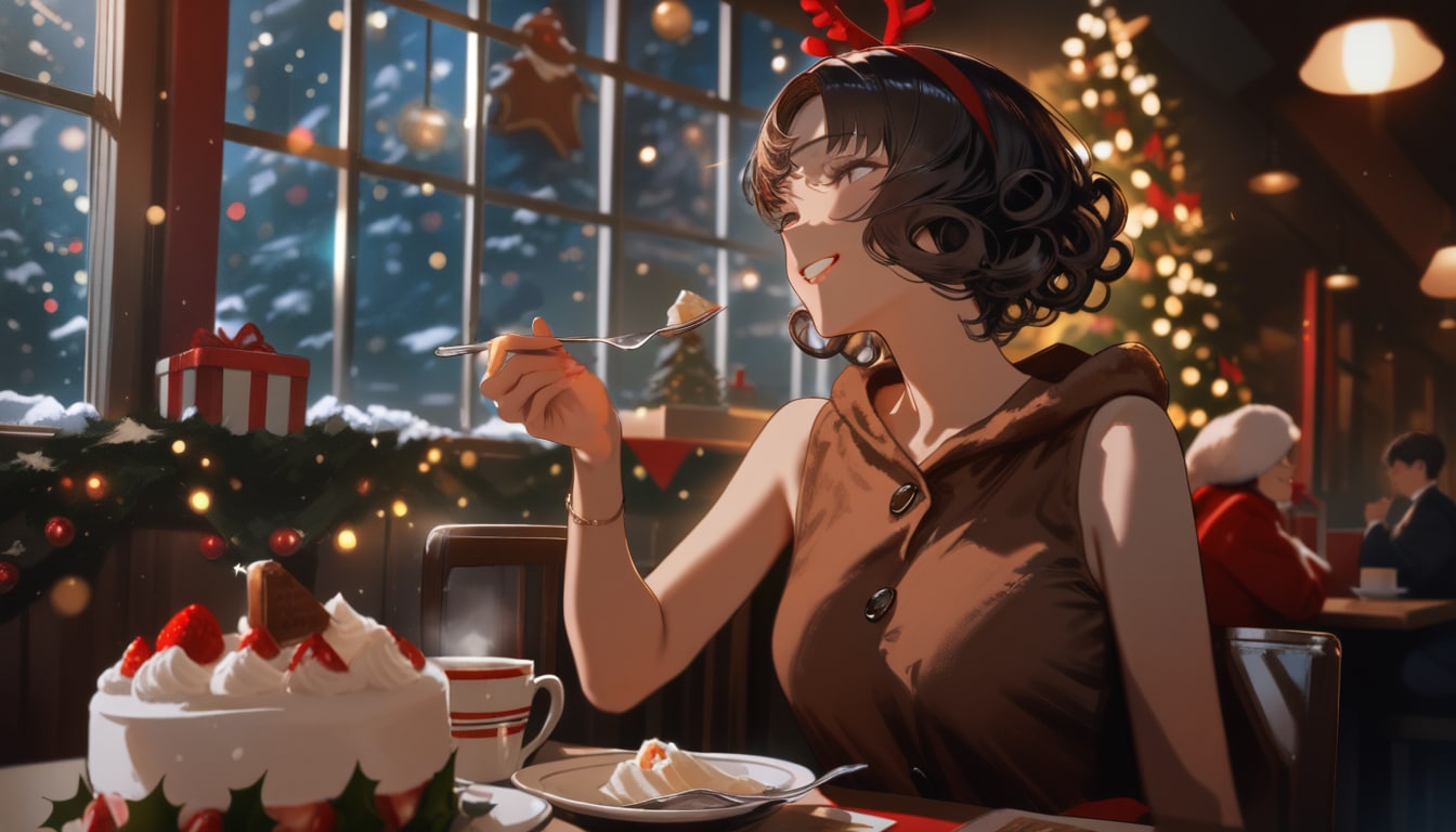 微妙なトナカイコスプレの彼女とケーキを食べた・アケミ５（ＳＤＸＬを基本ジェミニ修正） | の人気AIイラスト・グラビア