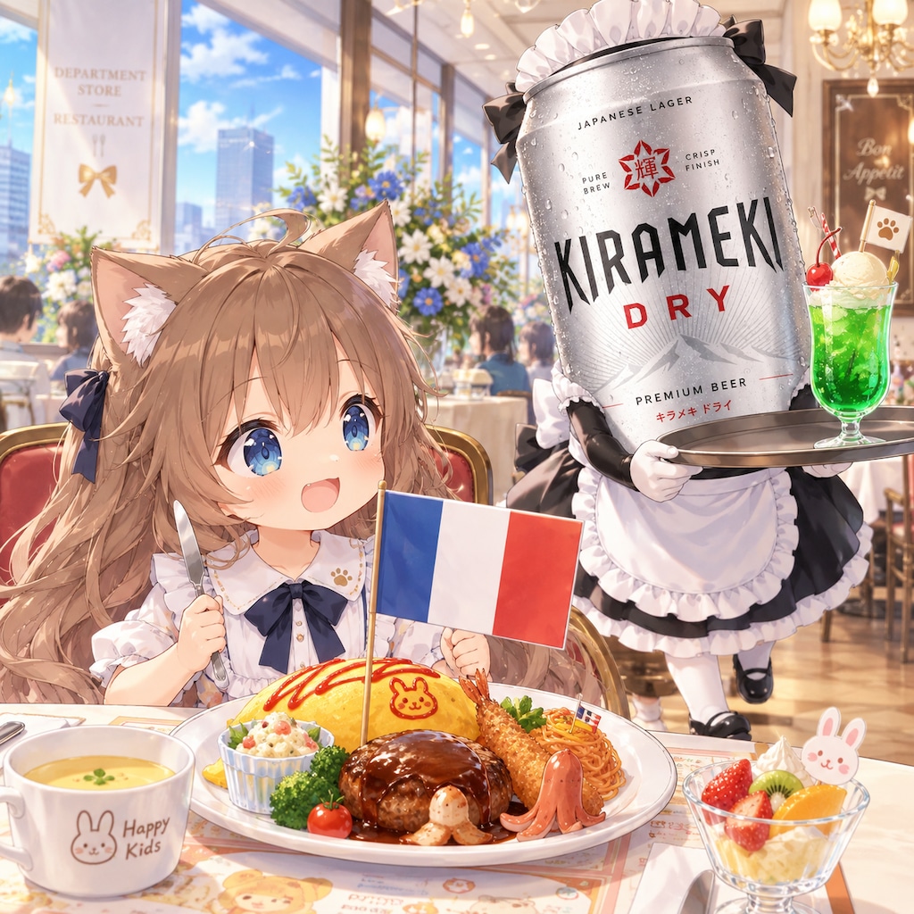 旗の大きなお子様ランチを食べる小さな女の子