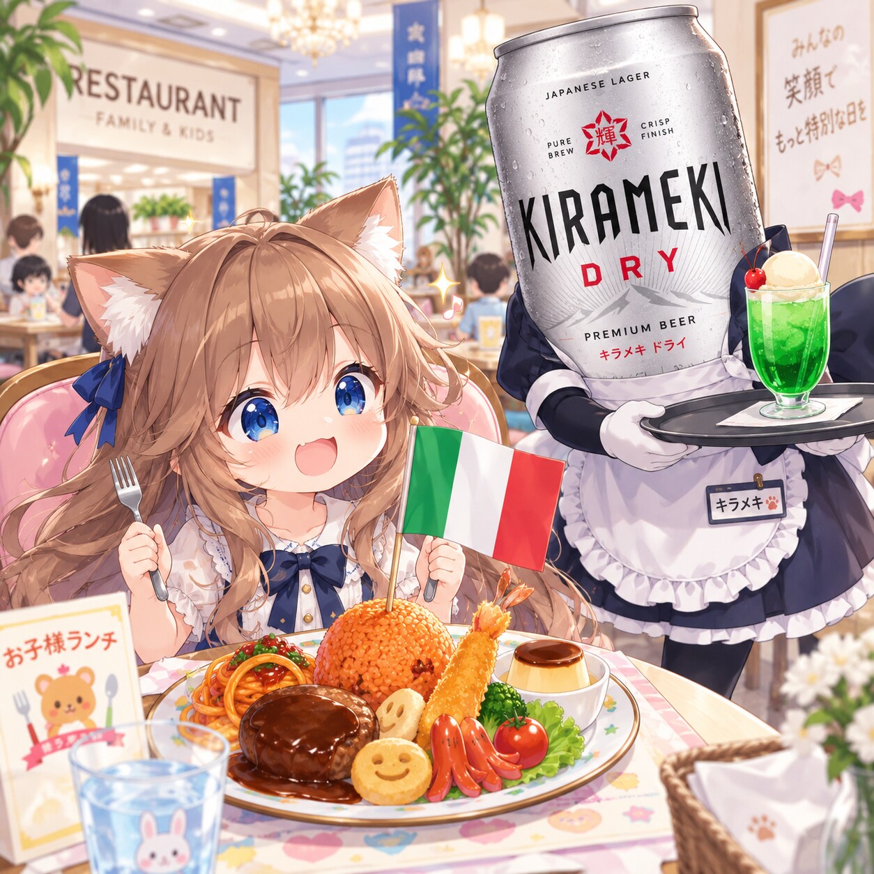 旗の大きなお子様ランチを食べる小さな女の子 | の人気AIイラスト・グラビア