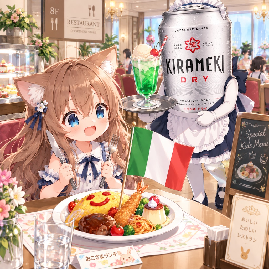 旗の大きなお子様ランチを食べる小さな女の子