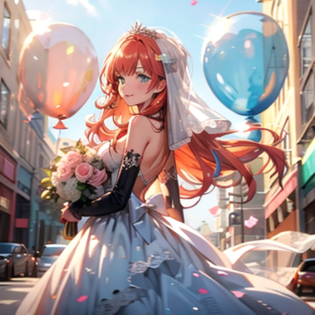 いっぱい色とりどりの風船を持つオレンジ髪ロングのウェディングドレス着た美女