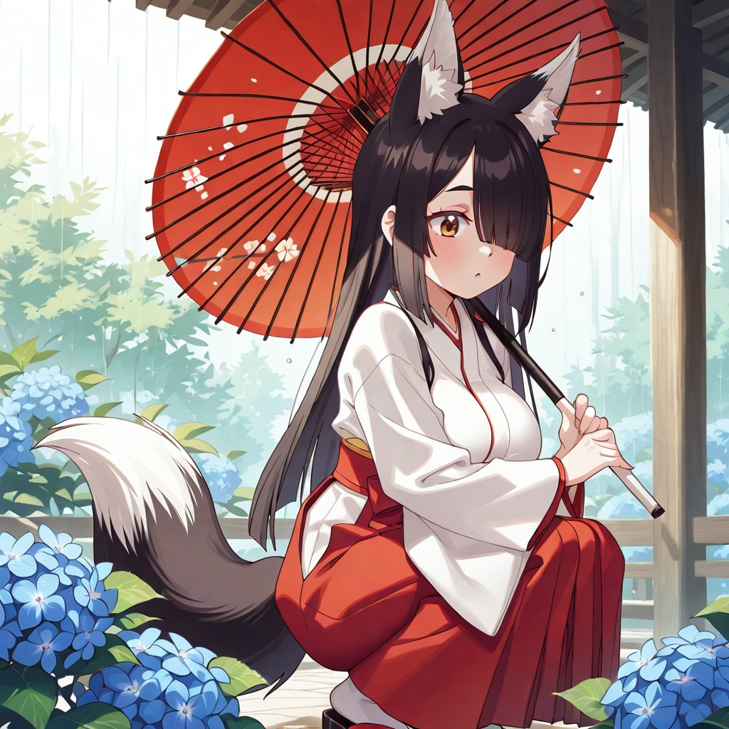 紫陽花と狐娘