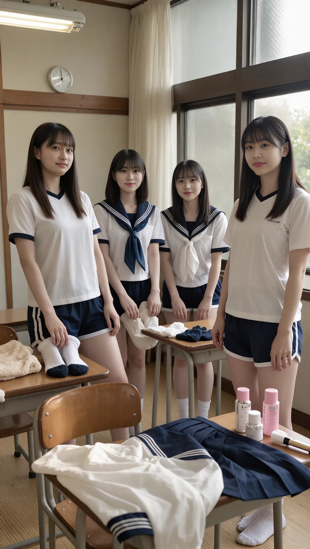 教室で着替える体育着美女