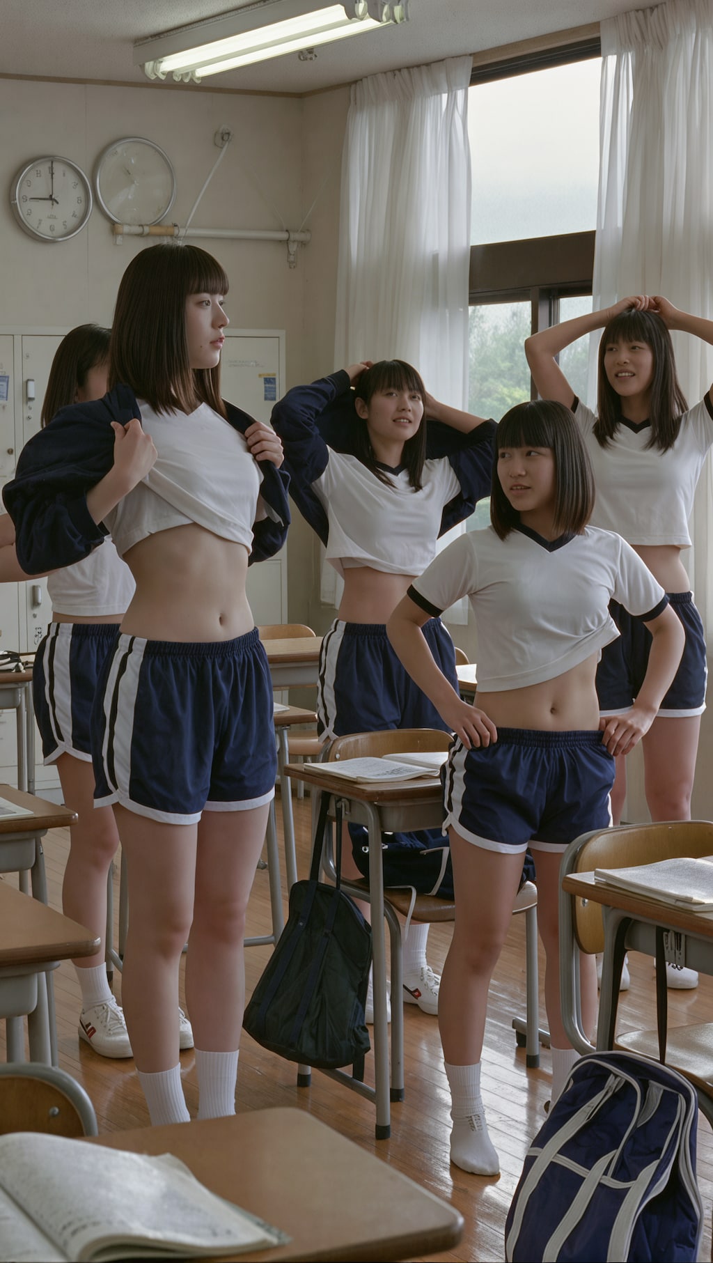 教室で着替える体育着美女