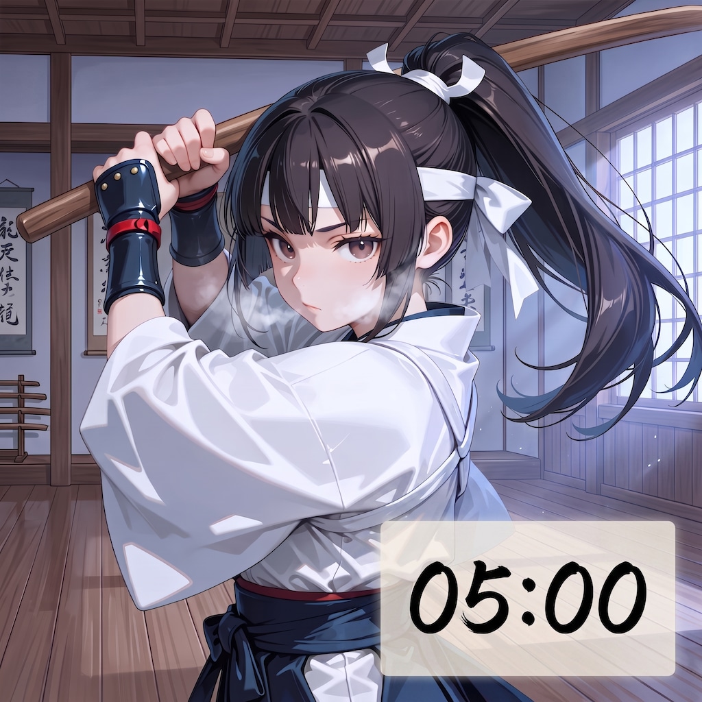 05:00（朝稽古）：ポニーテール＋ハチマキの硬派な武道系女子