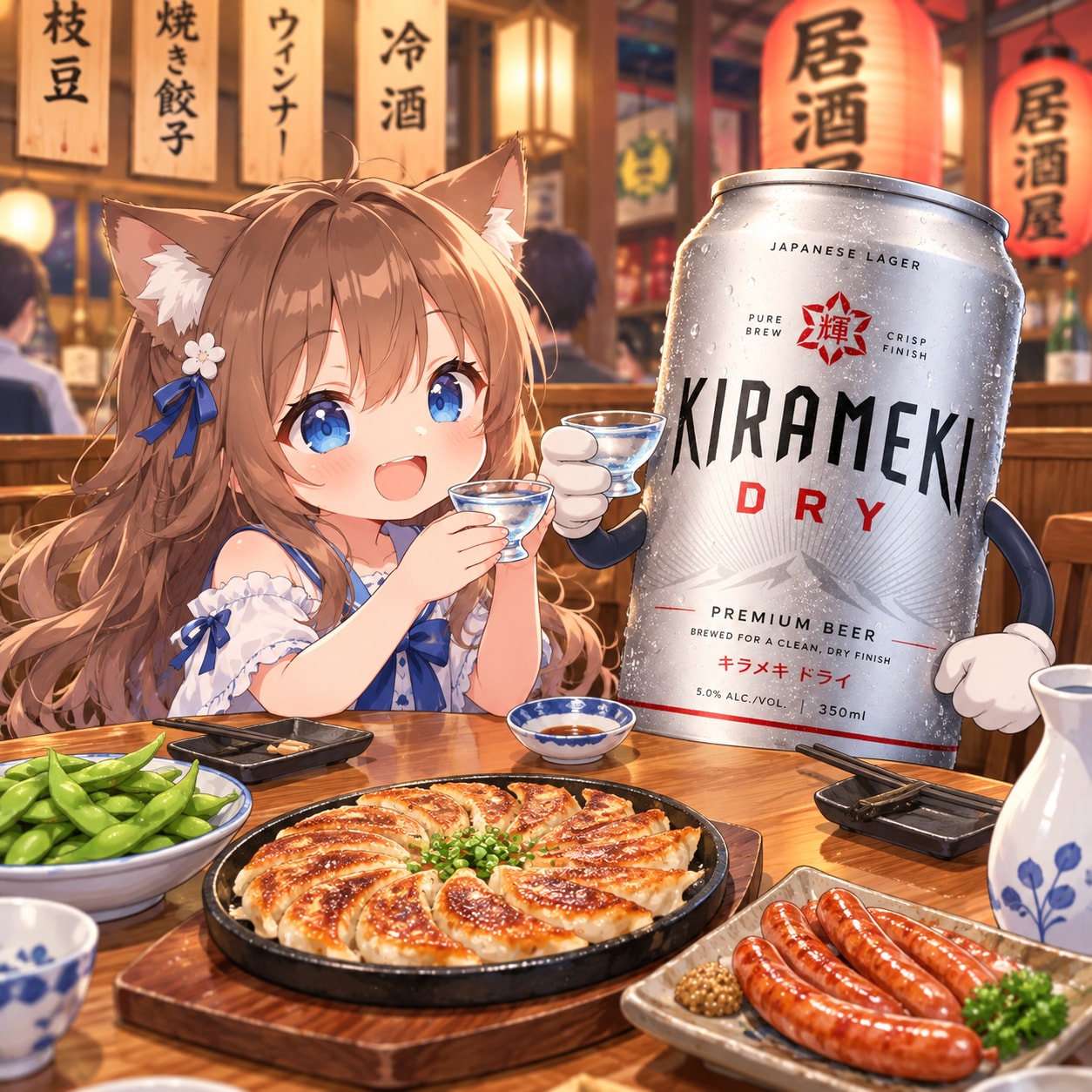 餃子と枝豆で冷酒を飲む小さな女の子 | の人気AIイラスト・グラビア
