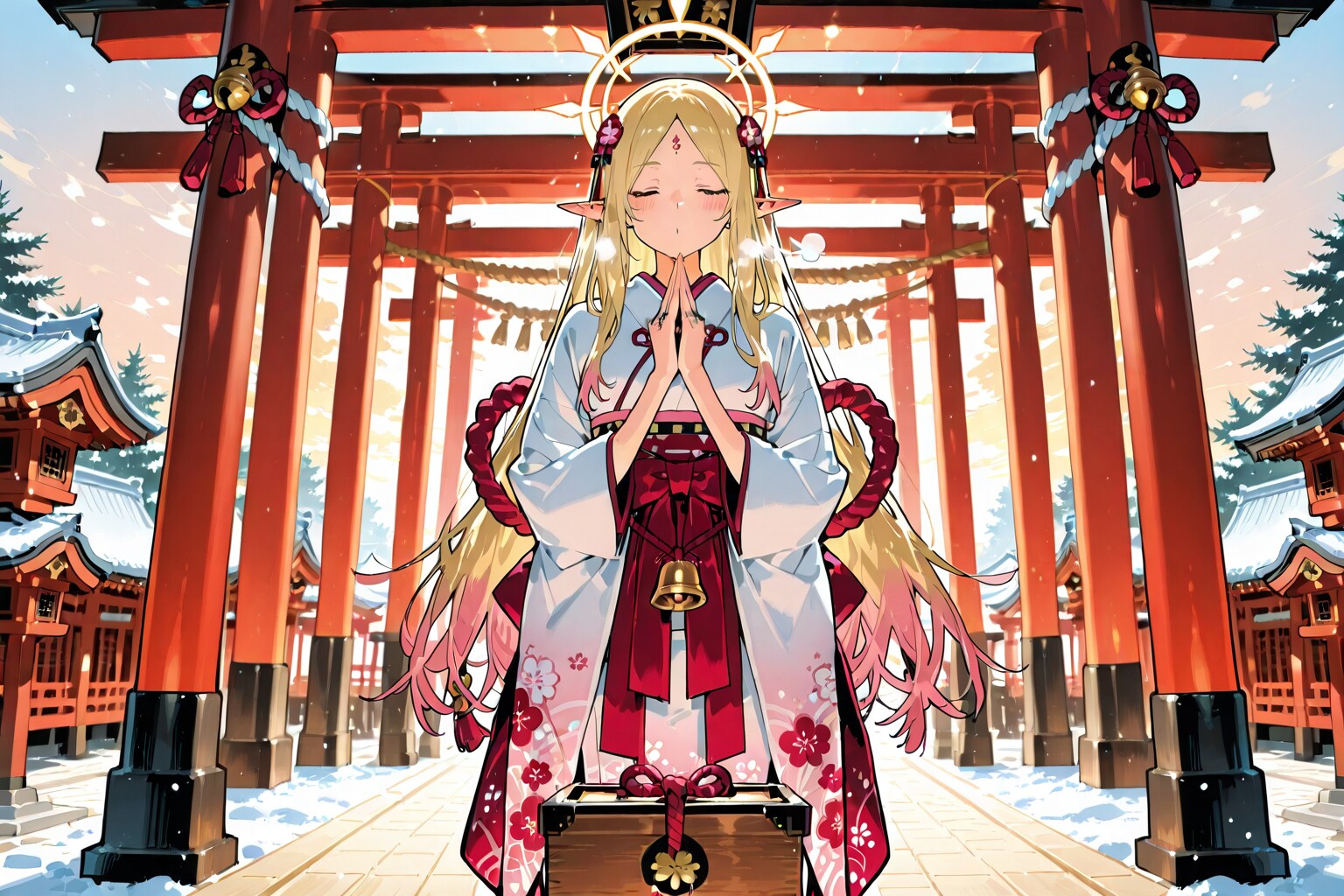 初詣でお参りをするエルフの女の子