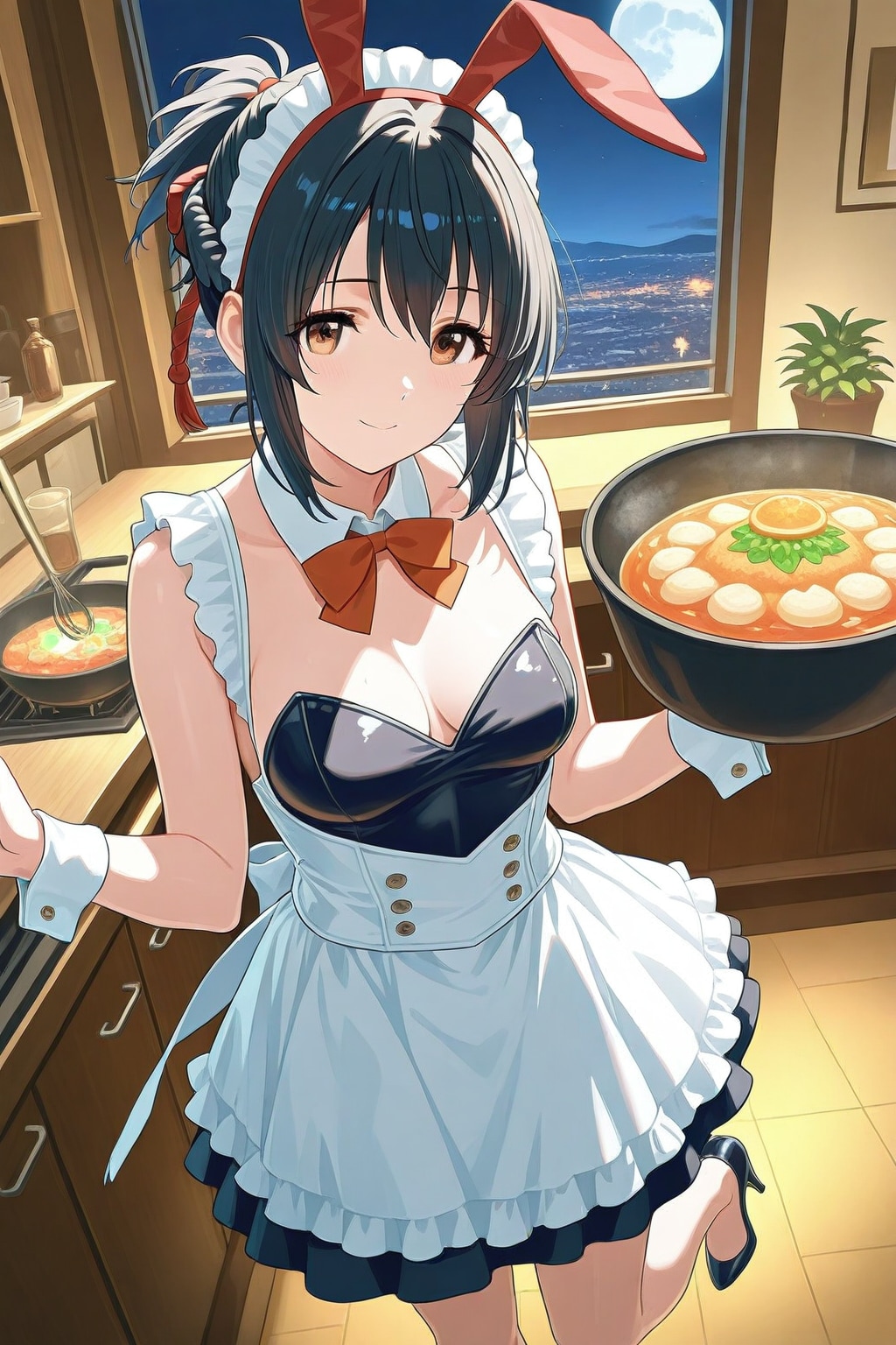 バニーガール衣装で調理する三葉さん