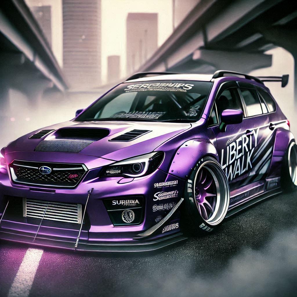 パープルカラーリバティーウォークインプレッサスポーツワゴンのドリ車