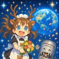鹿角メイドのフリルエプロンの花束で感謝している小さなロボの女の子 3枚目