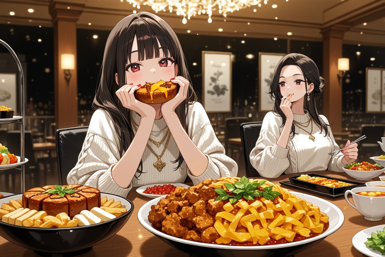 豪華な料理を食べている美女 | の人気AIイラスト・グラビア