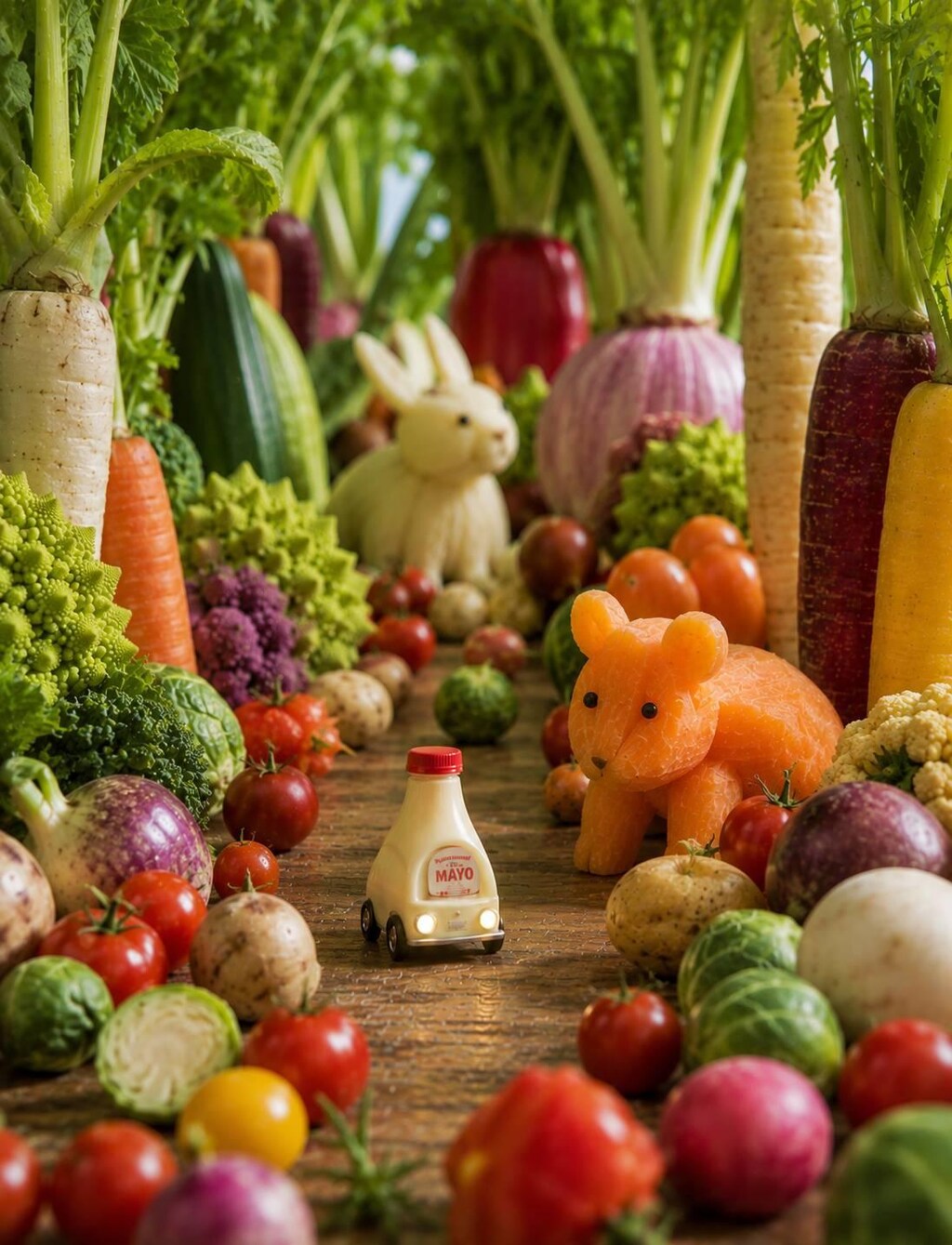 マヨネーズカーは、野菜の動物に出会う
