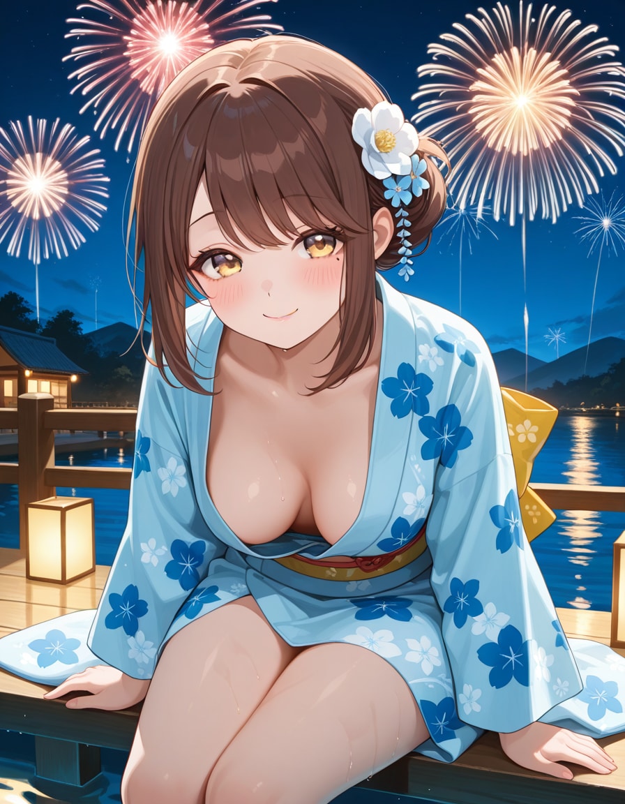 心実と川辺の花火