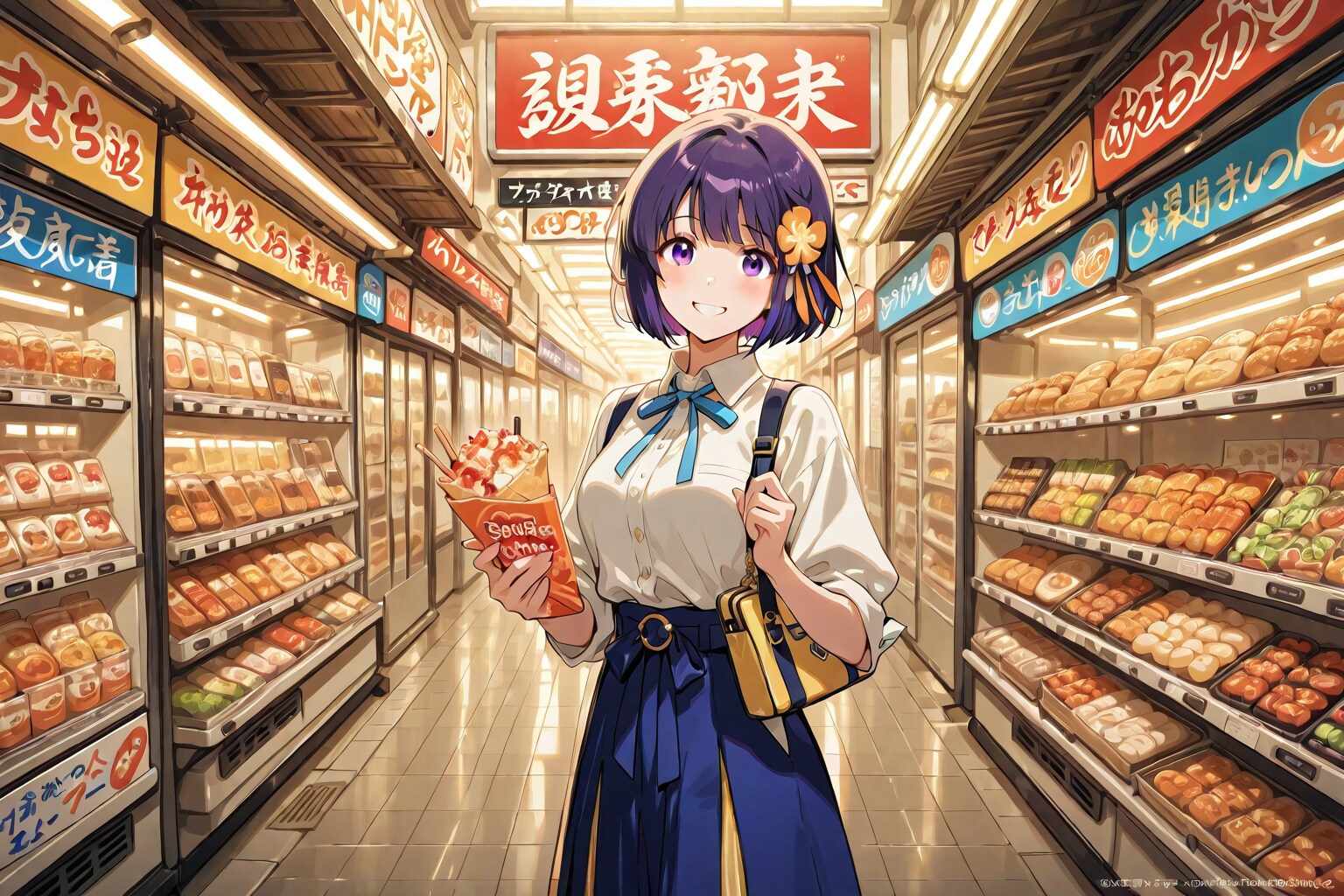 おいしいグルメ満載の自慢の街を観光している女の子