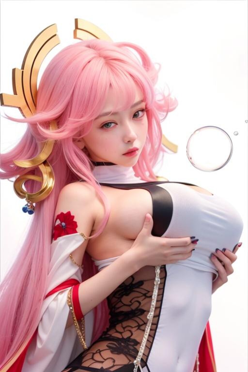 ご自慢のお胸を強調しまくる八重神子コスプレイヤー💕（顔差分）