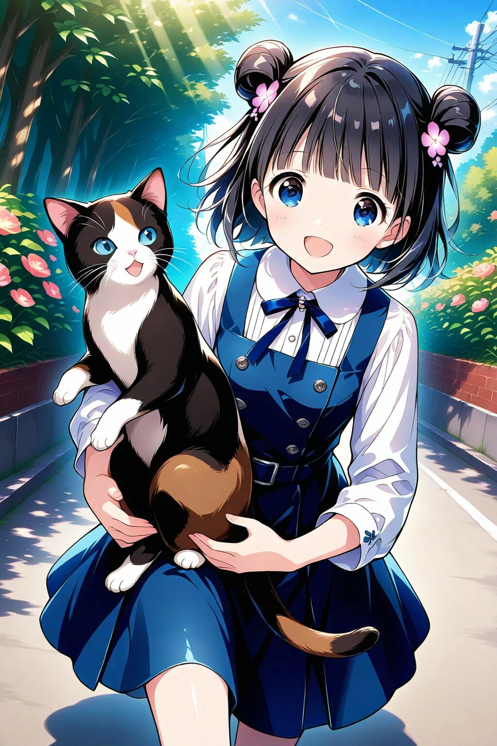 猫と一緒に登校するおだんごちゃん🐈🍡✨