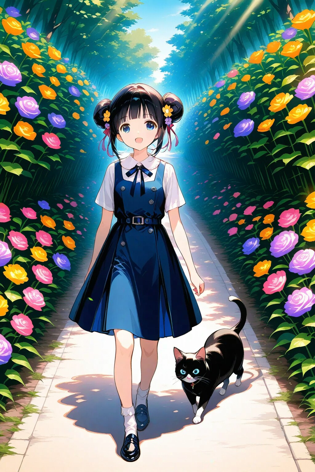 猫と一緒に登校するおだんごちゃん🐈🍡✨