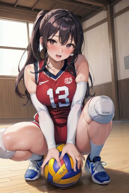 ボールに跨がるバレー女子