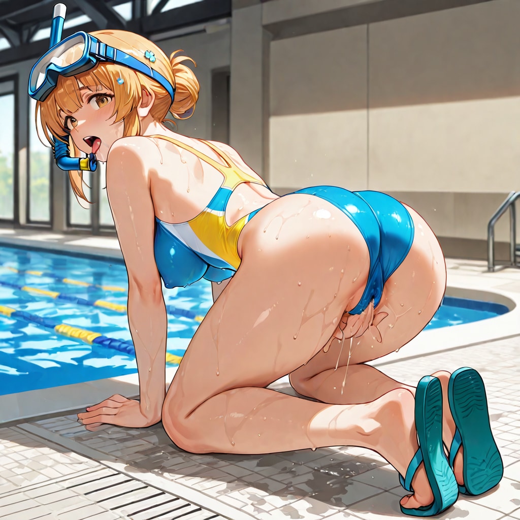 プールで自慰をする競泳水着の少女