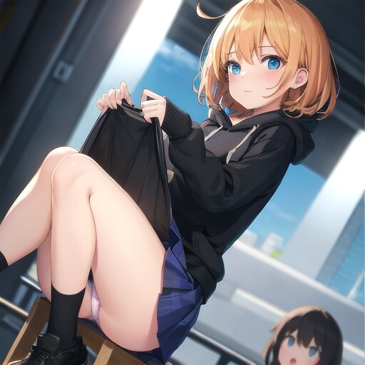 恥ずかしそうにたくしあげる女の子