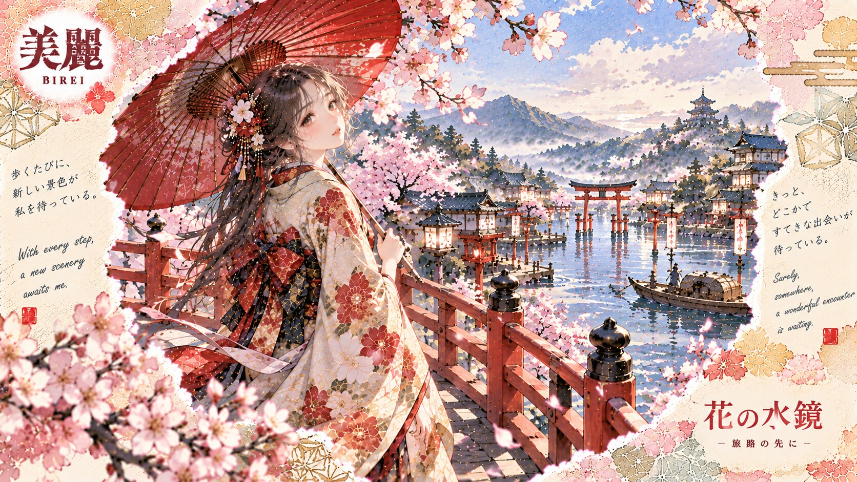 A red parasol on a blossom-lined bridge, gazing toward a torii rising from a lantern-lit lake.  With | の人気AIイラスト・グラビア