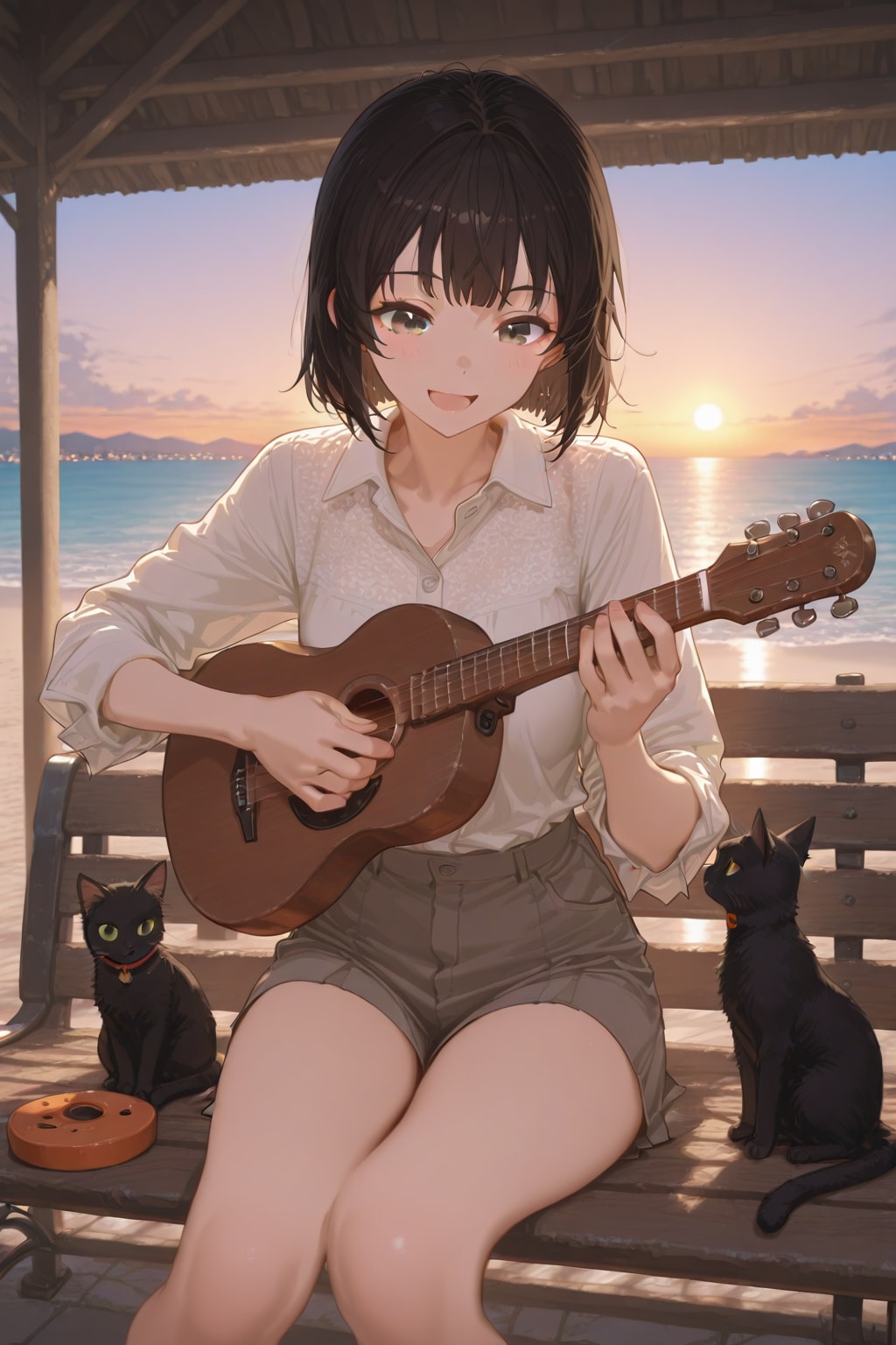 ウクレレと黒猫と夕焼け | の人気AIイラスト・グラビア